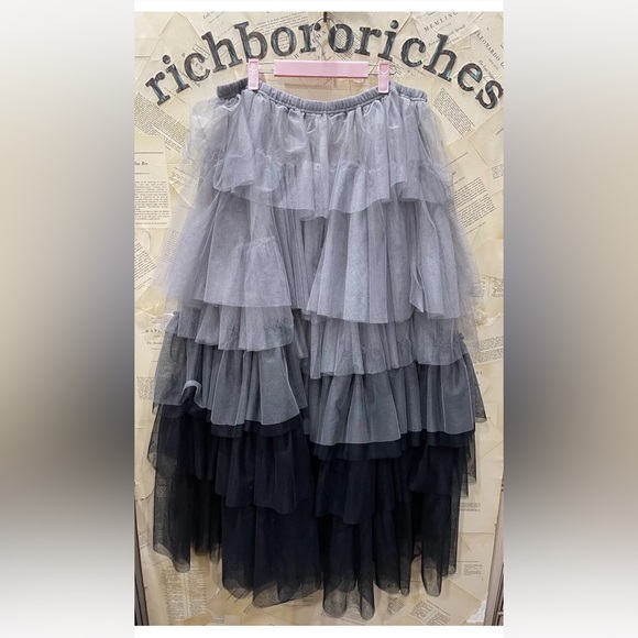 Free People Tulle Much Half Maxi Skirt Tiered Ruffle Ombre Black Gray Combo - Picture 4 of 5